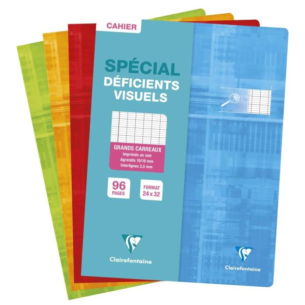 Cahier piqu&eacute; sp&eacute;cial d&eacute;ficients visuels 24&times;32 cm 96 pages grands carreaux 2,5mm agrandis 10&times;10
