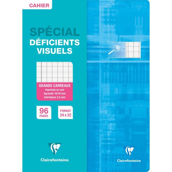 Cahier piqu&eacute; sp&eacute;cial d&eacute;ficients visuels 24&times;32 cm 96 pages grands carreaux 2,5mm agrandis 10&times;10