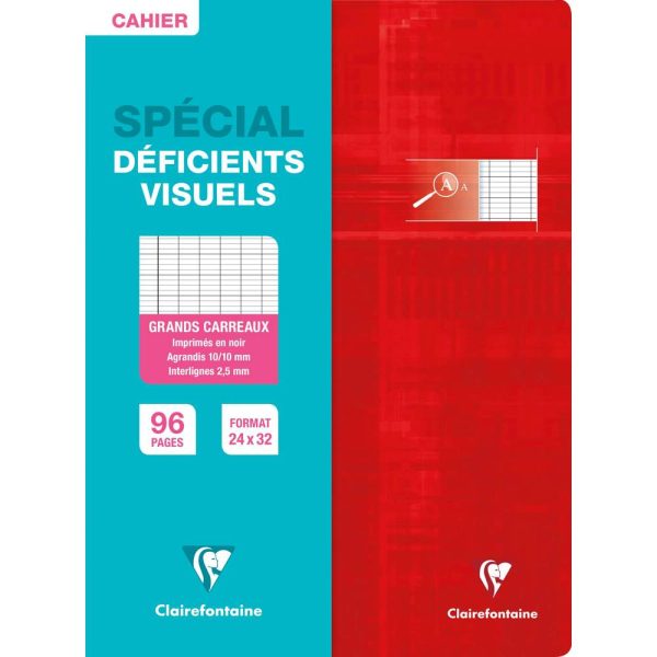 Cahier piqu&eacute; sp&eacute;cial d&eacute;ficients visuels 24&times;32 cm 96 pages grands carreaux 2,5mm agrandis 10&times;10