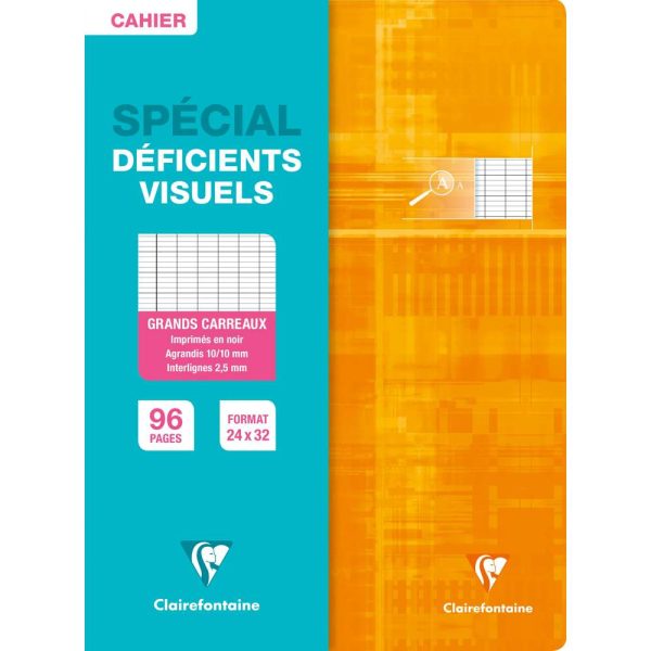 Cahier piqu&eacute; sp&eacute;cial d&eacute;ficients visuels 24&times;32 cm 96 pages grands carreaux 2,5mm agrandis 10&times;10