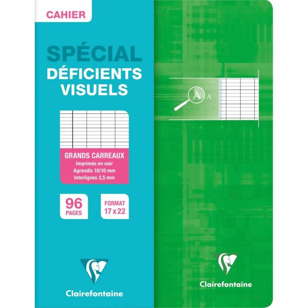 Cahier piqu&eacute; d&eacute;ficients visuels 17x22cm 96 pages grands carreaux noirs 2,5mm agrandis 10&times;10 Couleur al&eacute;atoire