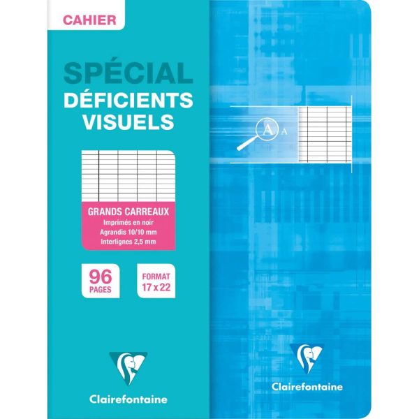Cahier piqu&eacute; d&eacute;ficients visuels 17x22cm 96 pages grands carreaux noirs 2,5mm agrandis 10&times;10 Couleur al&eacute;atoire