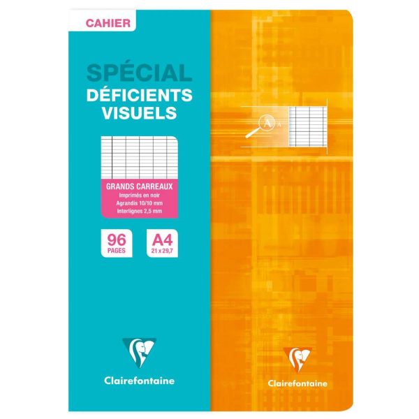 Cahier piqu&eacute; sp&eacute;cial d&eacute;ficients visuels A4 96 pages grands carreaux 2,5mm agrandis 10&times;10