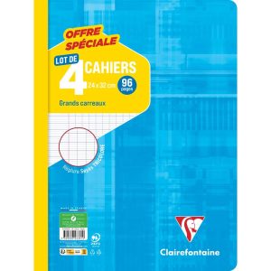 Cahier piqu&eacute; 24x32cm 96 pages grands carreaux Couleurs assorties