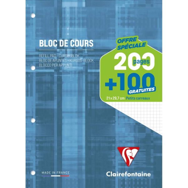 Bloc de cours encoll&eacute; grand c&ocirc;t&eacute; A4 200 pages d&eacute;tachables + 100 GRATUITES perfor&eacute; 4 trous petits carreaux Bleu gris