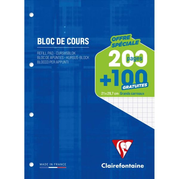 Bloc de cours encoll&eacute; grand c&ocirc;t&eacute; A4 200 pages d&eacute;tachables + 100 GRATUITES perfor&eacute; 4 trous grand carreaux Bleu