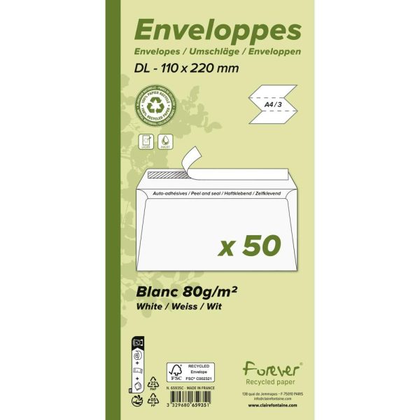 Paquet de 50 Enveloppes Forever 100% Recycl&eacute; DL-110x220mm Auto-Adh&eacute;sives &ndash; 80g/m2