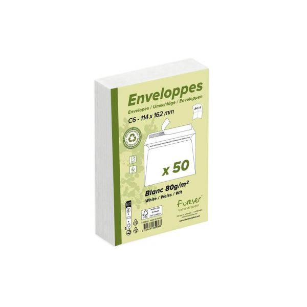Paquet de 50 Enveloppes Forever 100% Recycl&eacute; C6-114x162mm Auto-Adh&eacute;sives &ndash; 80g/m2