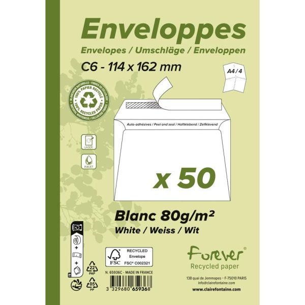 Paquet de 50 Enveloppes Forever 100% Recycl&eacute; C6-114x162mm Auto-Adh&eacute;sives &ndash; 80g/m2