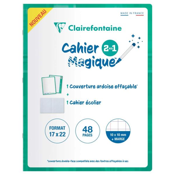 Cahier Magique couverture ardoise double-face effa&ccedil;able piqu&eacute; 17x22cm 48 pages quadrill&eacute; 10 x 10 + Marge