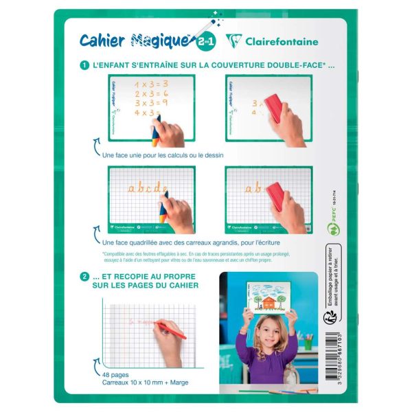 Cahier Magique couverture ardoise double-face effa&ccedil;able piqu&eacute; 17x22cm 48 pages quadrill&eacute; 10 x 10 + Marge