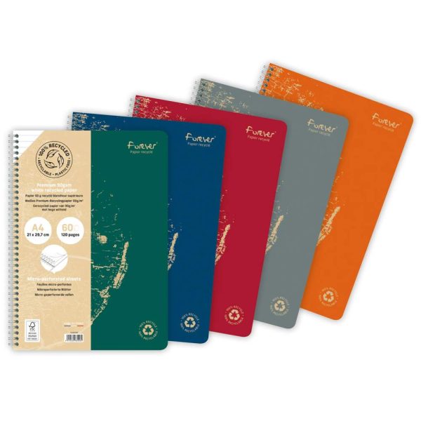 Cahier reliure int&eacute;grale FOREVER PREMIUM 100% recycl&eacute; A4 120 pages d&eacute;tachables micro-perfor&eacute;es lign&eacute; papier blanc 90 g