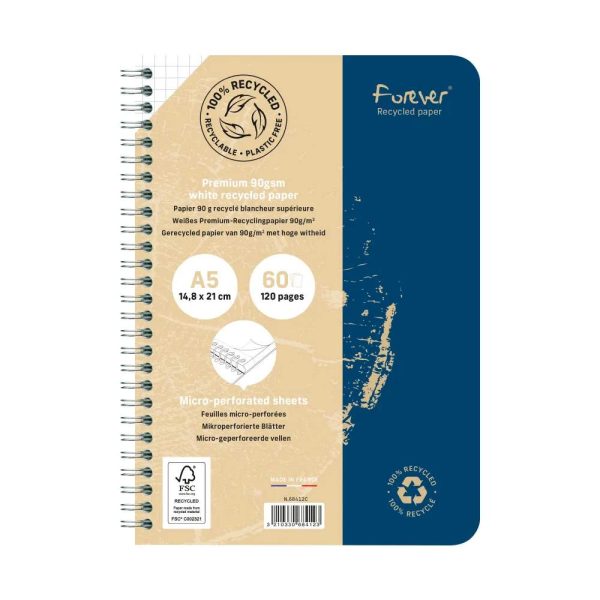 Carnet reliure int&eacute;grale FOREVER PREMIUM 100% recycl&eacute; A5 120 pages d&eacute;tachables micro-perfor&eacute;es petits carreaux papier blanc 90 g