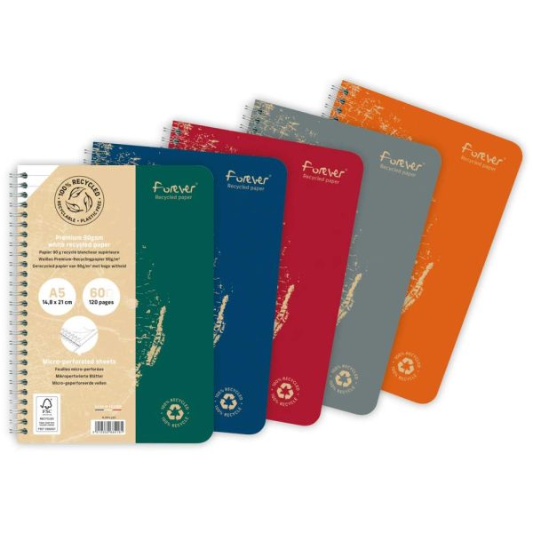 Carnet reliure int&eacute;grale FOREVER PREMIUM 100% recycl&eacute; A5 120 pages d&eacute;tachables micro-perfor&eacute;es lign&eacute; papier blanc 90 g