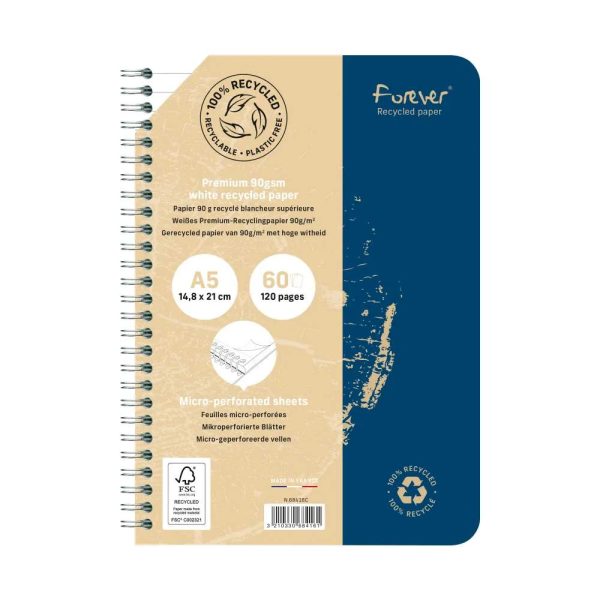 Carnet reliure int&eacute;grale FOREVER PREMIUM 100% recycl&eacute; A5 120 pages d&eacute;tachables micro-perfor&eacute;es lign&eacute; papier blanc 90 g