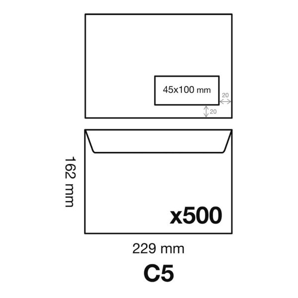 Boite de 500 Enveloppes Blanches C5-162x229mm &ndash; Auto-Adh&eacute;sives &ndash; 80g/m2 -Fen&ecirc;tre Papier Cristal 45&times;100 (position 20/20)