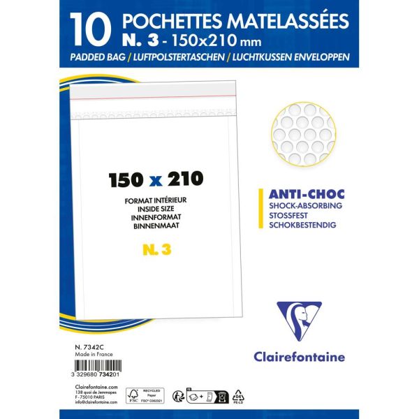 Paquet de 10 Pochettes Blanches Matelass&eacute;es de Film &agrave; Bulles 150&times;210 mm &ndash; Auto-adh&eacute;sives