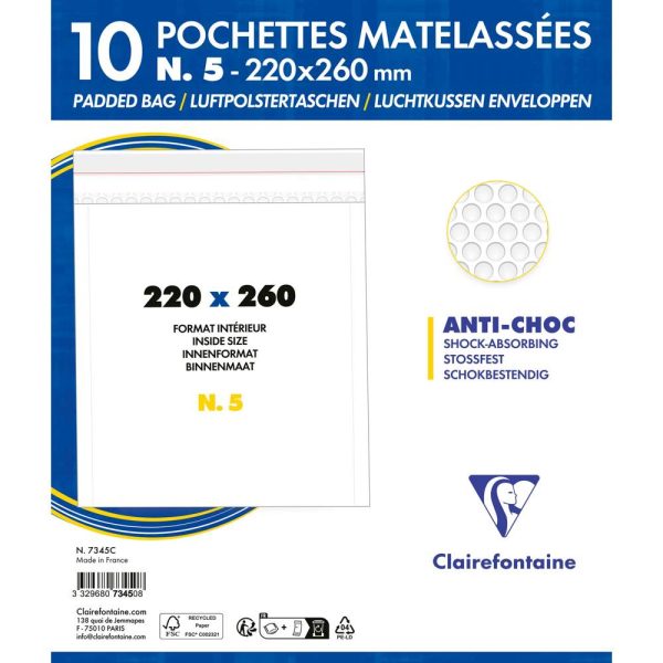 Paquet de 10 Pochettes Blanches Matelass&eacute;es de Film &agrave; Bulles 220&times;260 mm &ndash; Auto-adh&eacute;sives