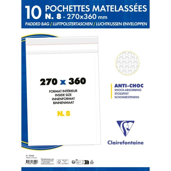 Paquet de 10 Pochettes Blanches Matelass&eacute;es de Film &agrave; Bulles 270&times;360 mm &ndash; Auto-adh&eacute;sives