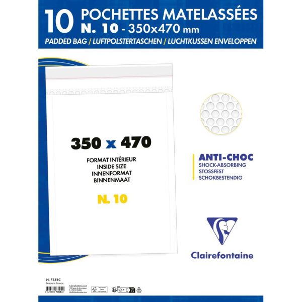 Paquet de 10 Pochettes Blanches Matelass&eacute;es de Film &agrave; Bulles 350&times;470 mm &ndash; Auto-adh&eacute;sives