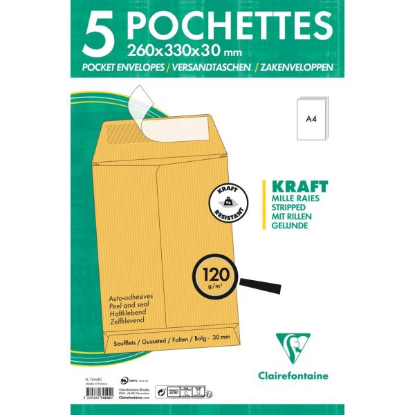 Paquet de 5 Pochettes Kraft Brun E4-260&times;400 mm avec Soufflet de 30 mm &ndash; Auto-Adh&eacute;sives &ndash; 120g/m2