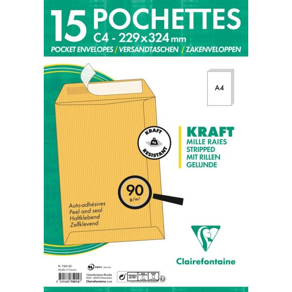 Paquet de 15 Pochettes Kraft Milleraies Brun C4-229&times;324 mm &ndash; Auto-Adh&eacute;sives &ndash; 90g/m2