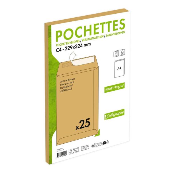 Paquet de 25 Pochettes Kraft Recycl&eacute; Brun C4-229&times;324 mm &ndash; Auto-Adh&eacute;sives &ndash; 90g/m2 &ndash; Brun