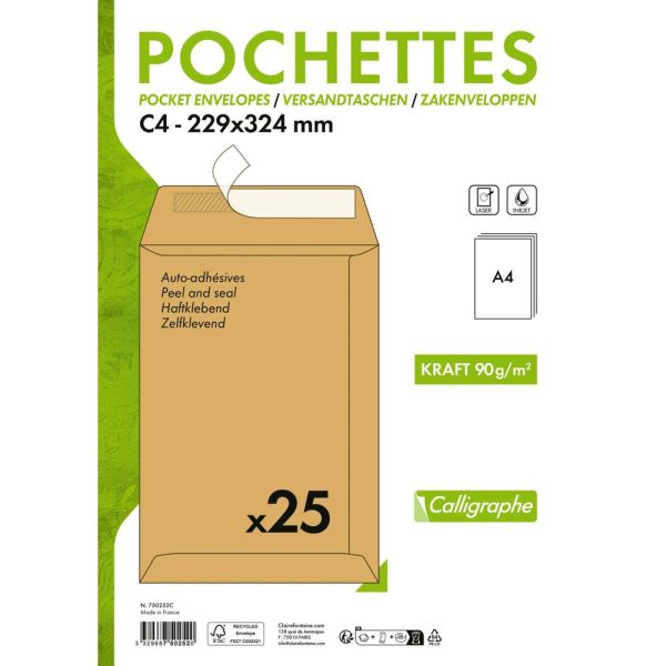 Paquet de 25 Pochettes Kraft Recycl&eacute; Brun C4-229&times;324 mm &ndash; Auto-Adh&eacute;sives &ndash; 90g/m2 &ndash; Brun
