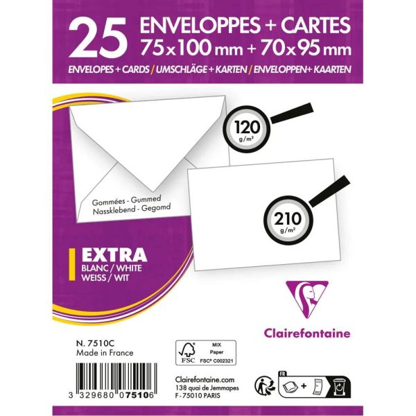 Combin&eacute; comprenant 25 Enveloppes Blanches 75x100mm &ndash; Gomm&eacute;es &ndash; 120g/m2 + 25 Cartes Blanches 70x95mm 210g/m2