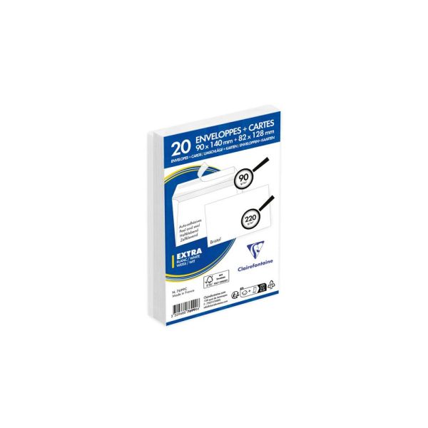 Combin&eacute; de 20 Enveloppes Blanches 90x140mm Auto-Adh&eacute;sives 90g/m2 + 20 Cartes Bristol Blanches 82x128mm 220g/m2