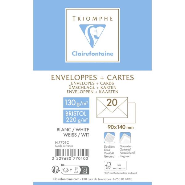 Combin&eacute; Triomphe comprenant 20 Enveloppes Blanches Doubl&eacute;s 90x140mm &ndash; Gomm&eacute;es &ndash; 130g/m2 + 20 Cartes Bristol Blanches 82x128mm 220g/m2