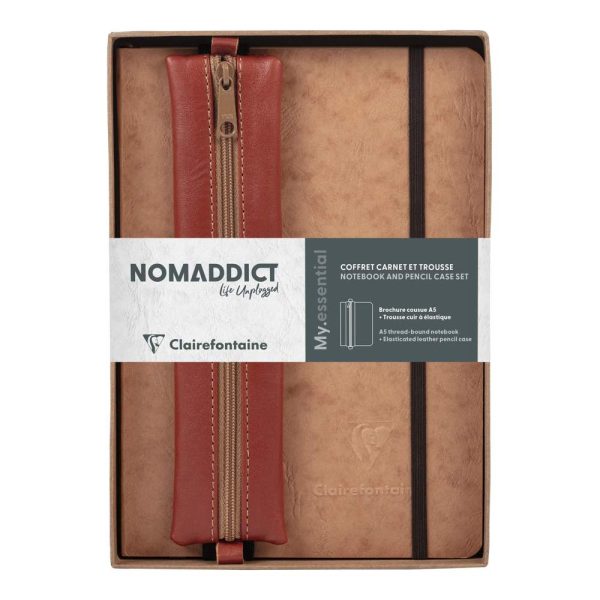 Coffret My.essential A5 192 pages DOT + trousse cuir plate &agrave; &eacute;lastique Tabac