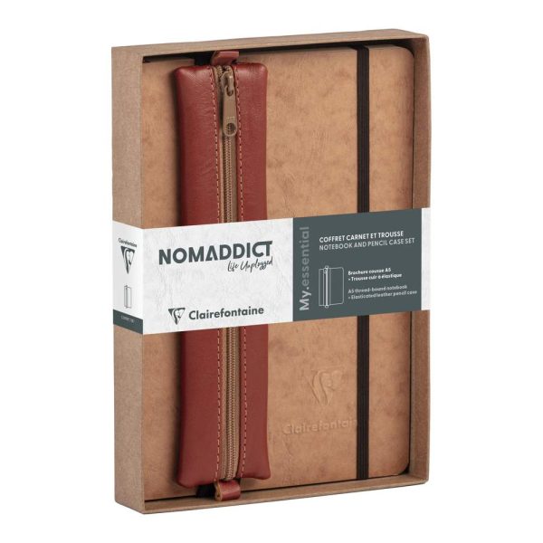Coffret My.essential A5 192 pages DOT + trousse cuir plate &agrave; &eacute;lastique Tabac