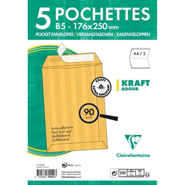 Paquet de 5 Pochettes Kraft Adour Brun 176x250mm &ndash; Auto-Adh&eacute;sives &ndash; 90g/m2