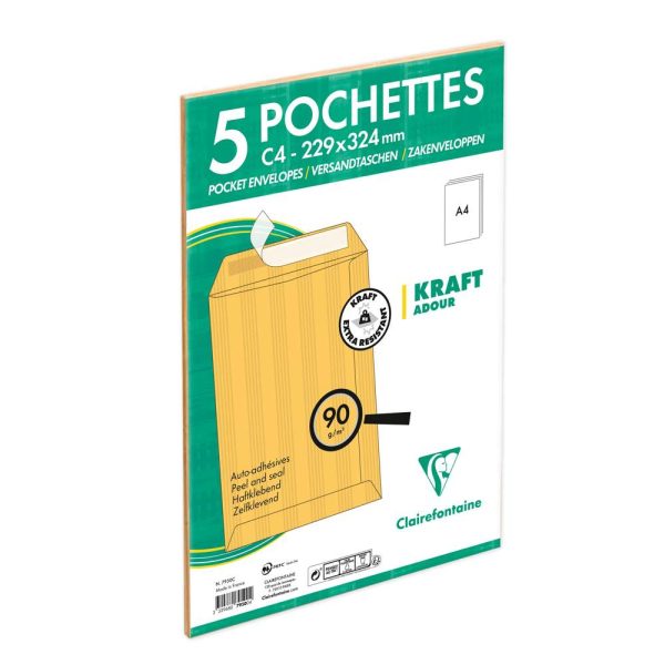 Paquet de 5 Pochettes Kraft Adour Brun C4-229x324mm &ndash; Auto-Adh&eacute;sives &ndash; 90g/m2