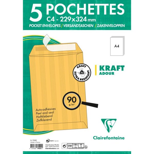 Paquet de 5 Pochettes Kraft Adour Brun C4-229x324mm &ndash; Auto-Adh&eacute;sives &ndash; 90g/m2