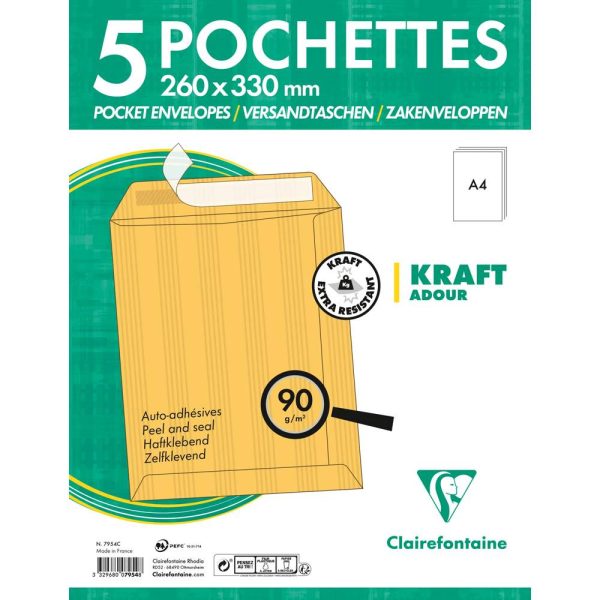 Paquet de 5 Pochettes Kraft Adour Brun 260x330mm &ndash; Auto-Adh&eacute;sives &ndash; 90g/m2