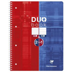 Duo Book cahier reliure int&eacute;grale A4+ 80 pages petits carreaux + 80 pages lign&eacute;es d&eacute;tachables perfor&eacute; 4 trous Rouge/Bleu