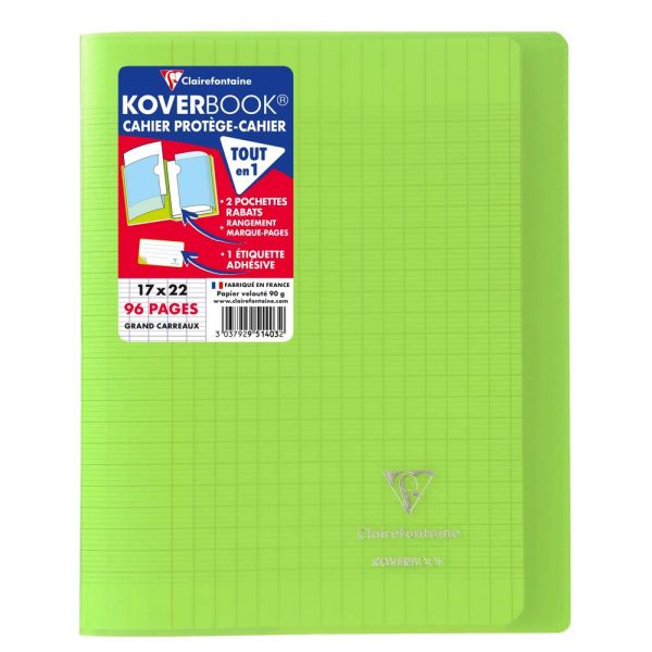 Cahier piqu&eacute; Koverbook 17x22cm 96 pages grands carreaux couverture polypropyl&egrave;ne transparent