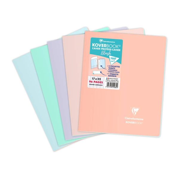 Cahier piqu&eacute; Koverbook Blush 17x22cm 96 pages grands carreaux couverture polypropyl&egrave;ne opaque bicolore Couleur al&eacute;atoire.