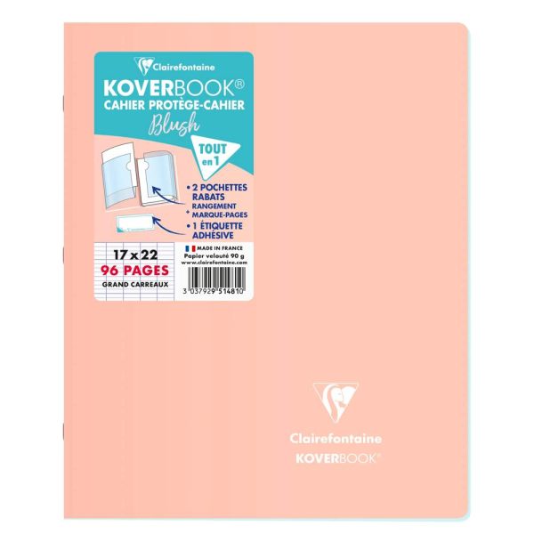 Cahier piqu&eacute; Koverbook Blush 17x22cm 96 pages grands carreaux couverture polypropyl&egrave;ne opaque bicolore Couleur al&eacute;atoire.