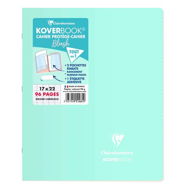Cahier piqu&eacute; Koverbook Blush 17x22cm 96 pages grands carreaux couverture polypropyl&egrave;ne opaque bicolore Couleur al&eacute;atoire.