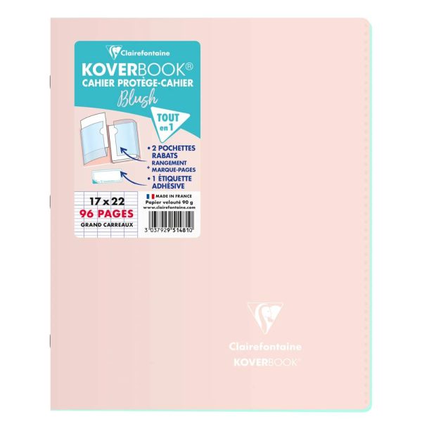 Cahier piqu&eacute; Koverbook Blush 17x22cm 96 pages grands carreaux couverture polypropyl&egrave;ne opaque bicolore Couleur al&eacute;atoire.