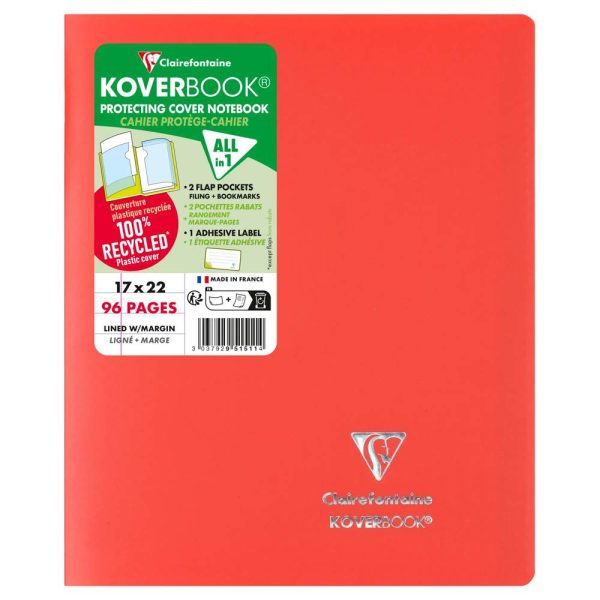 Cahier piqu&eacute; Koverbook 17&times;22 cm 96 pages lign&eacute; + marge couverture polypropyl&egrave;ne opaque 100% recycl&eacute;