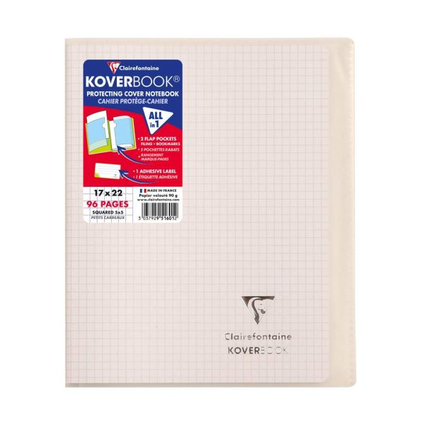 Cahier piqu&eacute; Koverbook 17&times;22 cm 96 pages petits carreaux couverture polypropyl&egrave;ne opaque 100% recycl&eacute;