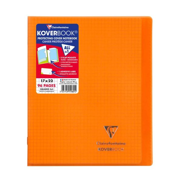 Cahier piqu&eacute; Koverbook 17&times;22 cm 96 pages petits carreaux couverture polypropyl&egrave;ne opaque 100% recycl&eacute;