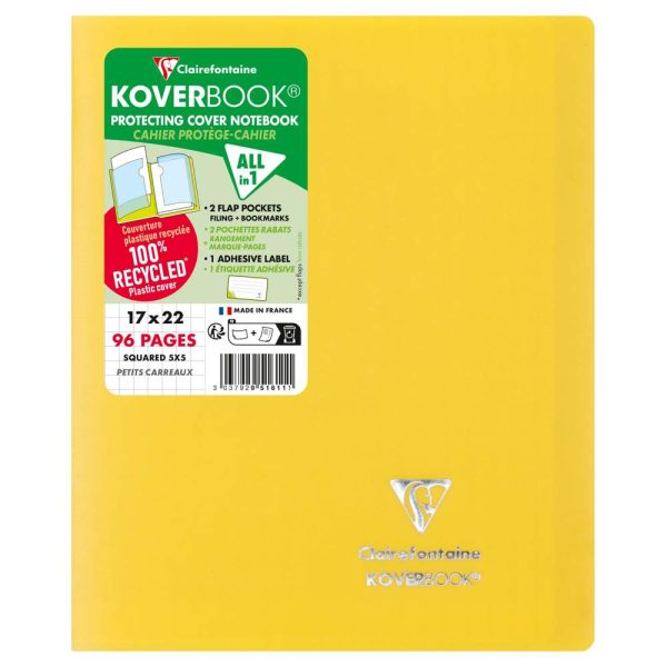 Cahier piqu&eacute; Koverbook 17&times;22 cm 96 pages petits carreaux couverture polypropyl&egrave;ne opaque 100% recycl&eacute;