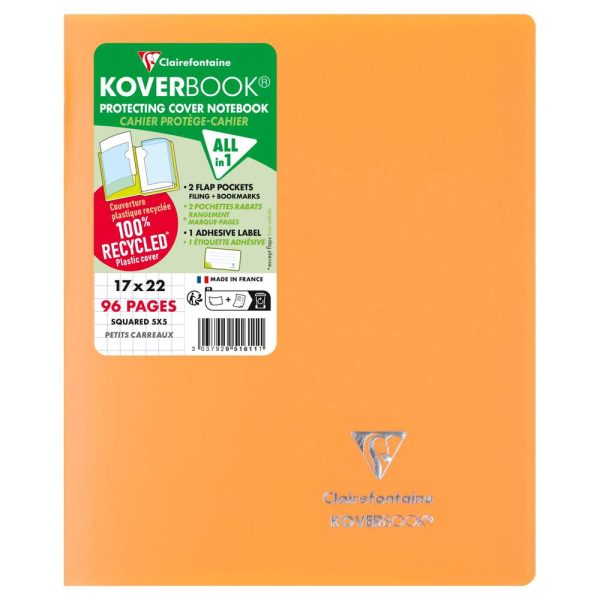 Cahier piqu&eacute; Koverbook 17&times;22 cm 96 pages petits carreaux couverture polypropyl&egrave;ne opaque 100% recycl&eacute;