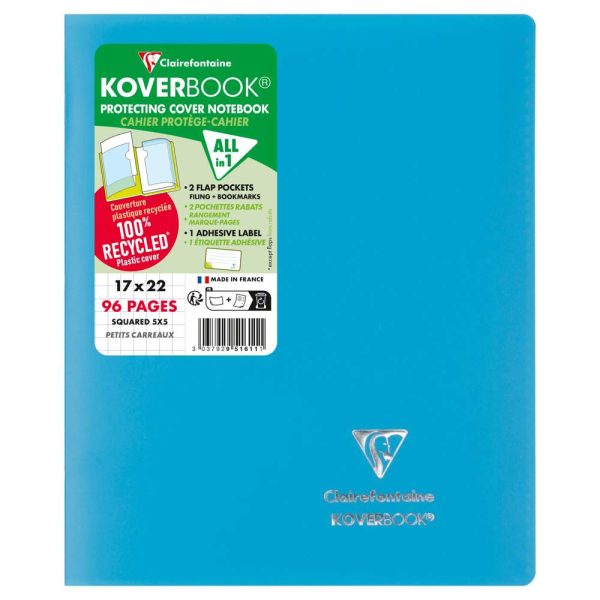 Cahier piqu&eacute; Koverbook 17&times;22 cm 96 pages petits carreaux couverture polypropyl&egrave;ne opaque 100% recycl&eacute;