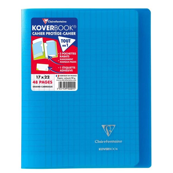 Cahier piqu&eacute; Koverbook 17x22cm 48 pages grands carreaux couverture polypropyl&egrave;ne transparent
